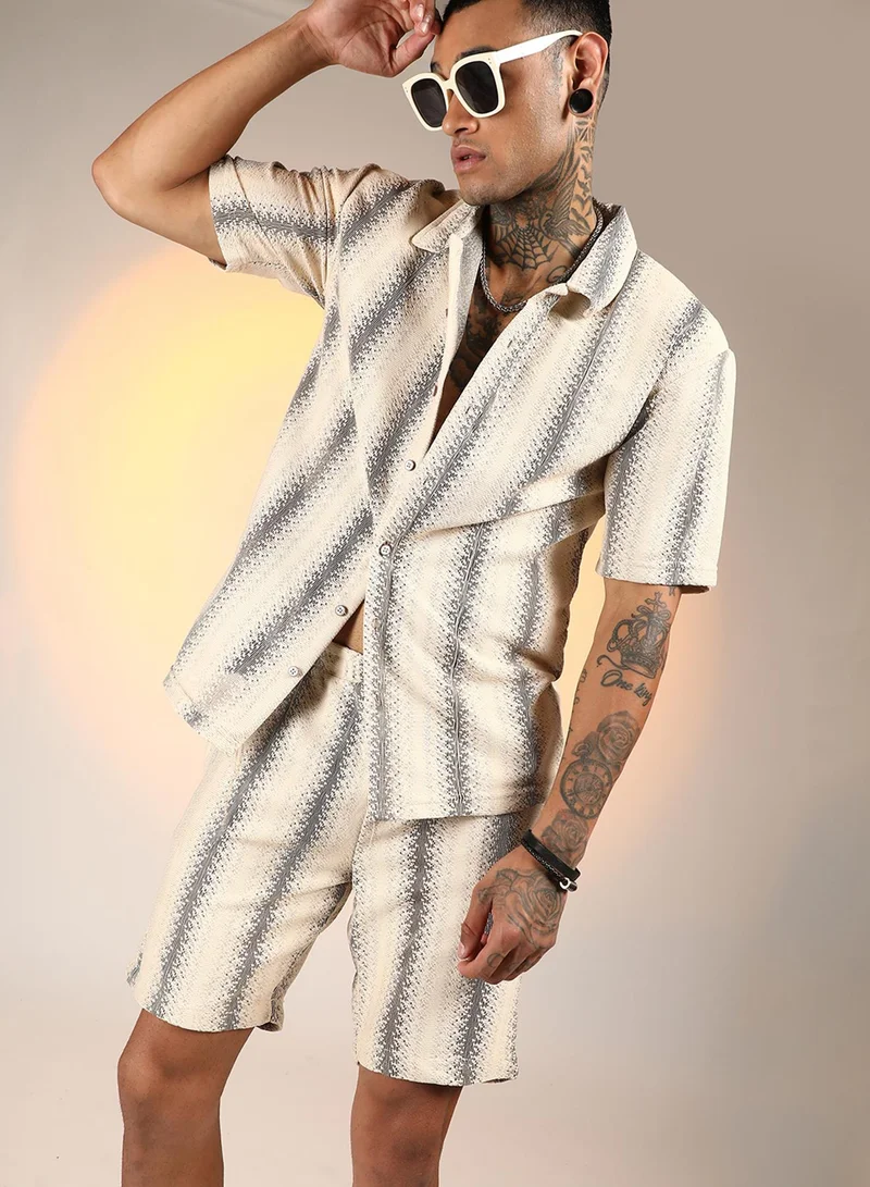 Campus Sutra Men's Ivory White & Midnight Black Texture-Striped Co-Ord Set For Casual Wear | Spread Collar | Short Sleeve | Button Closure | Co-Ords Crafted With Comfort Fit For Everyday Wear